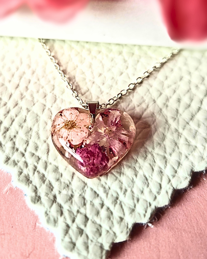Pressed Flower Heart Resin Pendant Necklace