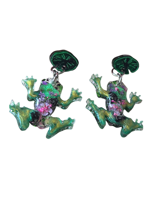 Real Flower Frog Drop Stud Earrings