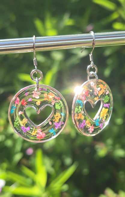 Confetti Heart Real Flower Resin Statement Drop Earrings